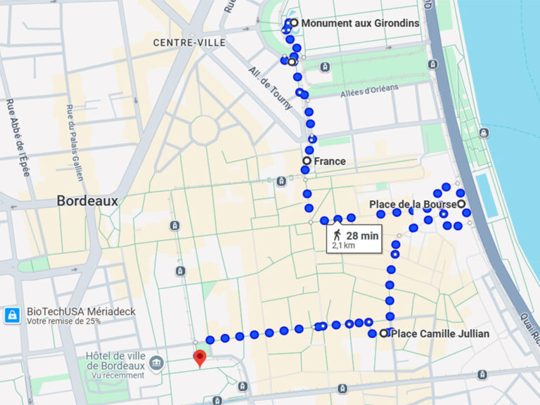 an itinerary of a self-guided walking tour of Bordeaux
